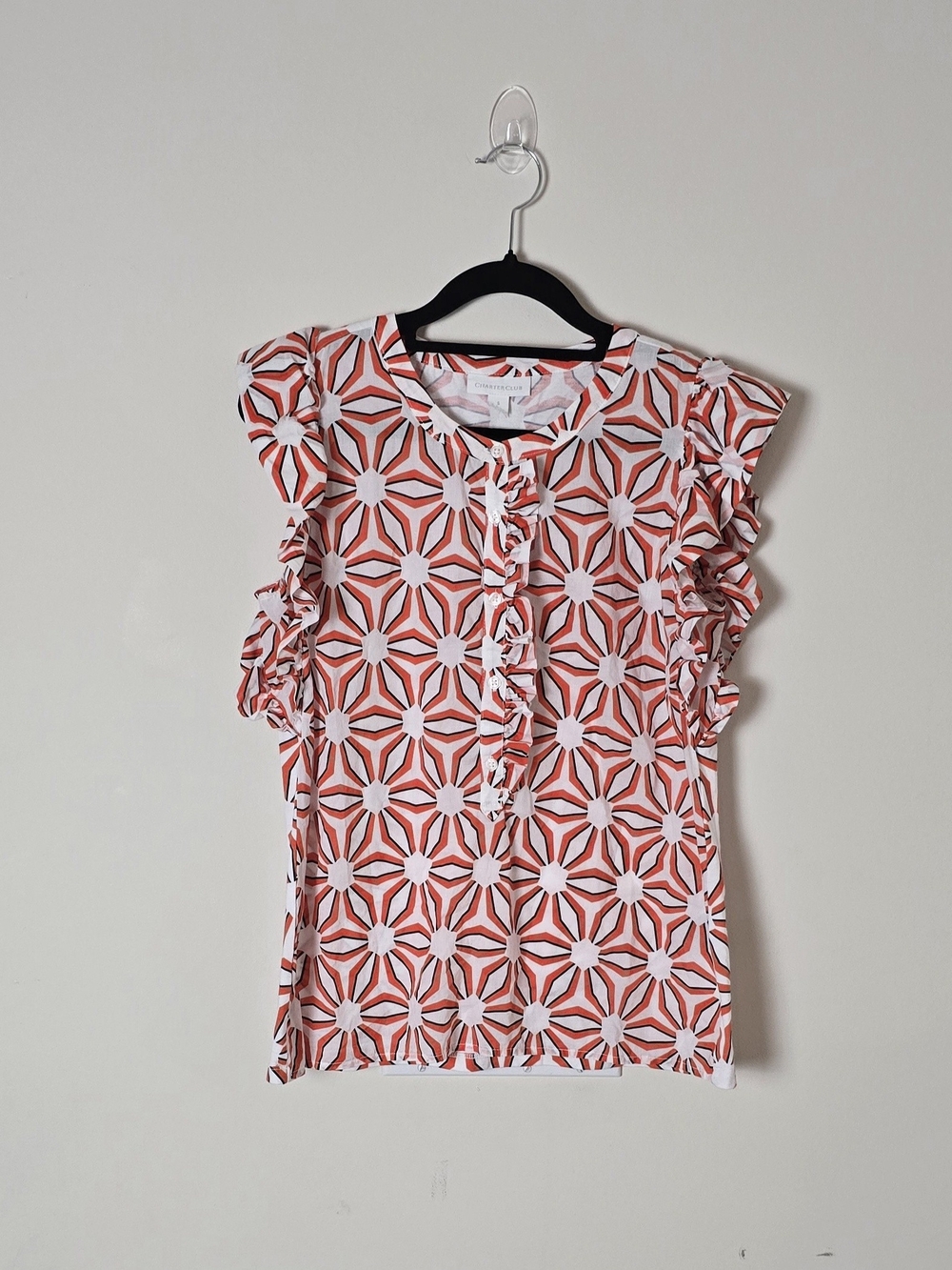 Charter Club Orange/White/Black Geometric Ruffle Button Top Round Neck Cotton S